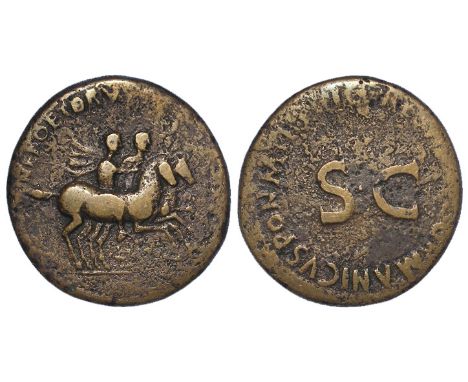 Caligula dupondius, Rome Mint 37-38 A.D., obverse:- Nero and Drusus Caesars on horseback galloping right, reverse:- with cent