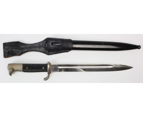 German WW2 Army Parade Bayonet with scabbard and leather frog. Blade maker marked 'Tiger Solingen'.
