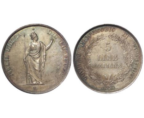 Italian State Lombardy, Revolutionary Provisional Government silver 5 Lire 1848M, KM#22.1, light iridescent toned EF-GEF