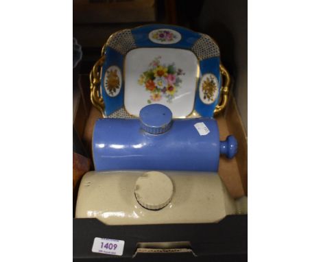 Two Noritake sandwich plates having turquoise sections with gilt and floral decoration, two stoneware hot water bottles, a wo