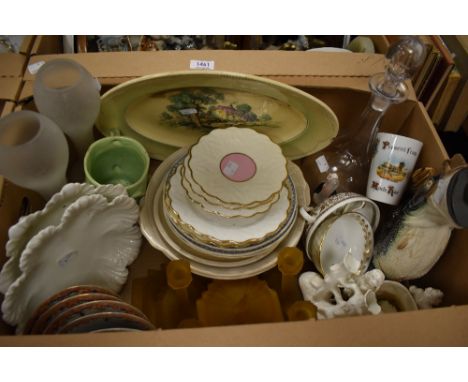 A vintage 1920's ochre glass dressing table set, a Coalport frilled edge bowl and another similar footed drainage bowl and a 