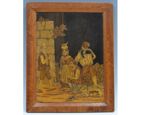 A 19th century Italian Sorrento ware rectangular panel, inlaid in coloured woods with peasant figures and dog, 25cm x  20cm