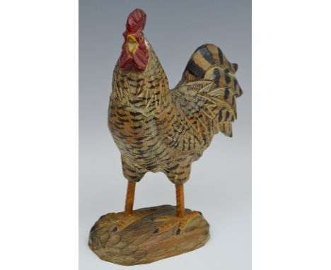 An early 20th century folk art softwood carving, of a barred Plymouth Rock Cockerel, 25.5cm high