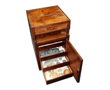 A 19th century mahogany collectors cabinet, converted from a whatnot, with single drawer above cupboard door, fitted with fou