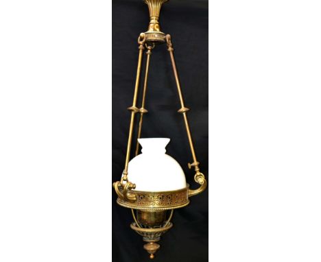 A substantial early 20th century lacquered brass ceiling lamp, pierced anthemion friezes, three scroll acanthus under finial,