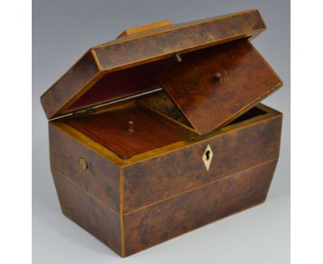 A 19th century  burr walnut sarcophagus tea caddy, satinwood strung, bone escutcheon, two lidded compartments, 19cm wide, c.1