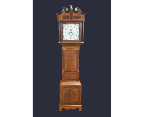 A George III mahogany crossbanded oak longcase clock, 30.5cm painted dial inscribed Thomas Gilbert, Rugeley, Arabic numerals,