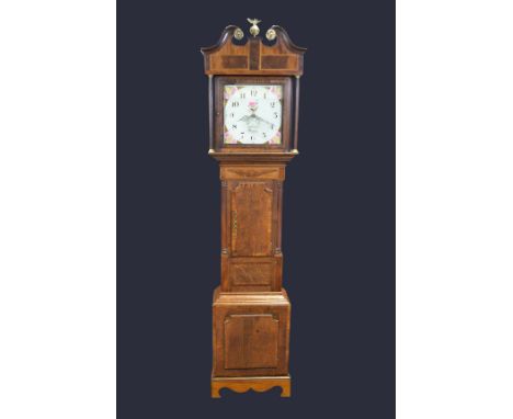 A George III mahogany crossbanded oak longcase clock, 30.5cm painted dial inscribed Thomas Gilbert, Rugeley, Arabic numerals,