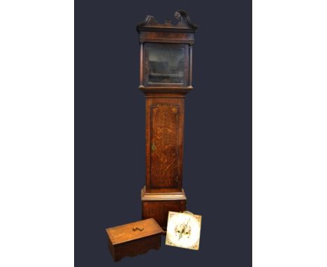 A George III oak longcase clock, 30.5cm square enamel dial, thirty hour movement striking on a bell, the hood with Greek key 