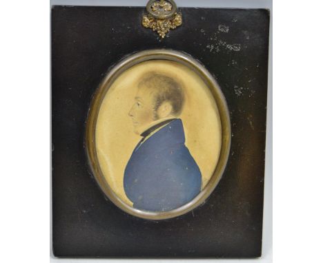 English School, 19th century, portrait of a gentleman, wearing a blue coat, watercolour on paper, oval,, 18cm x 6.5cm