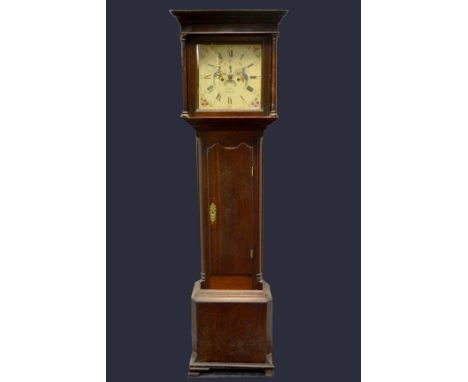 A 19th century oak longcase clock, the 32cm painted square dial with Roman numerals subsidiary date and seconds aperture insc