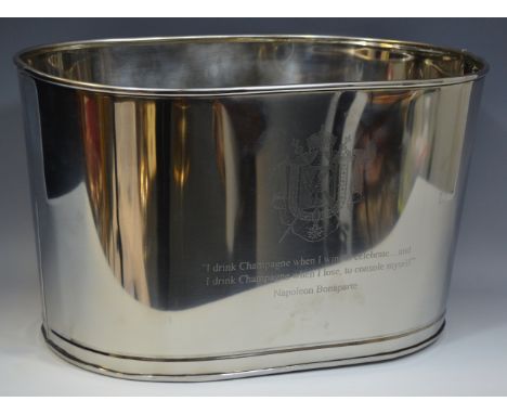 A contemporary chrome reproduction champagne trough, inscribed with Lily Bollinger quote 'I drink it when I'm happy and when 