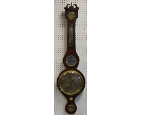 An early 19th century mahogany wheel barometer, 19.5cm silvered dial, alcohol thermometer, the level inscribed F Stringa, Car