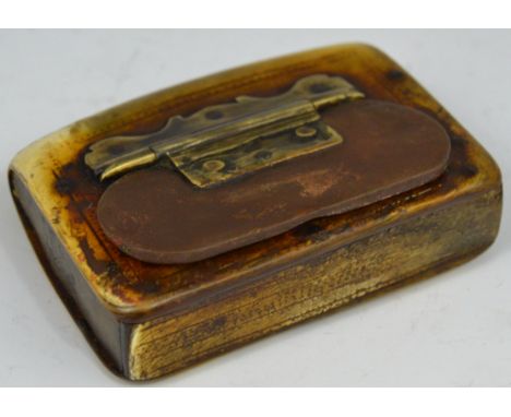 A late 18th century cattle horn folk art snuff box, as a book, naively engraved with a country house, hinged cover to verso, 