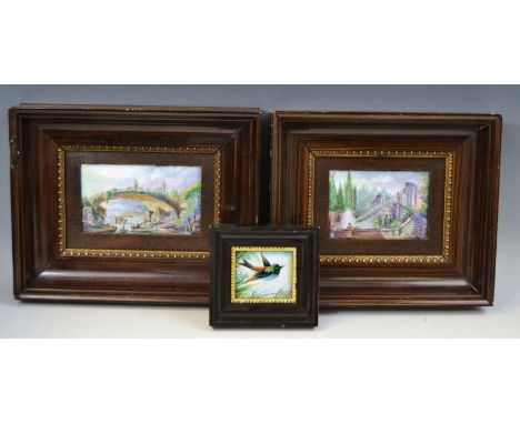 A late 19th century Limoge enamelled panel, signed Gamet, with figures by rapids under a bridge, in colours, 8cm x 14.5cm, fr