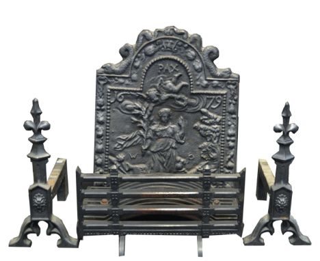 An 18th century style arched rectangular cast iron back plate, cast with classical figure, cherubs and foliage, dated 1679, 7