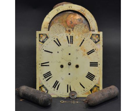 A George III longcase clock mechanism, 36cm arched painted dial inscribed Jos. Hull, rolling moonphase to arch, twin winding 