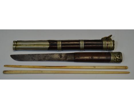 A Japanese trousse set comprising knife and bone chopsticks sheathed in white metal mounted scabbard, Meiji period, 30cm long