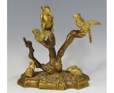 A 19th century gilt metal mantel model, of a squirrel and two birds perched in a tree, the base rabbit and mouse, 14cm high, 