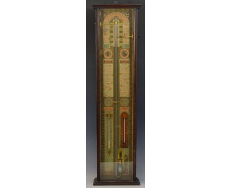 A Victorian Admiral Fitzroy pattern mercury barometer, with exposed syphon tube,  thermometer and atmosphere tube mounted ont