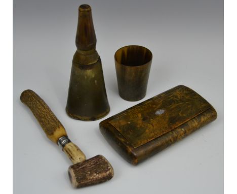 A large early 19th century burr wood snuff box; a George III horn powder flask, oak base; a 19th century Scottish horn beaker