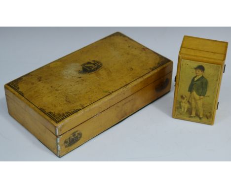 A Mauchline ware cigarette box, Lewes Castle Gateway, 19cm wide, 11cm deep, c.1870; a similar trinket box, the cover with chi