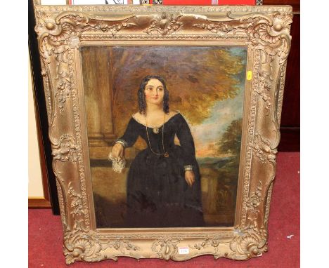 19th century school - full length portrait of a woman wearing a black dress, overpainted print, 59x44cm