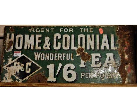 An enamel advertising sign for Home Colonial Wonderful Tea, 25 x 55cm (with losses)
