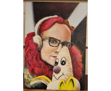 Contemporary school - Portrait of Lucy Sparrow with Basil the banana, acrylic, 42 x 30cmCondition report: On board.