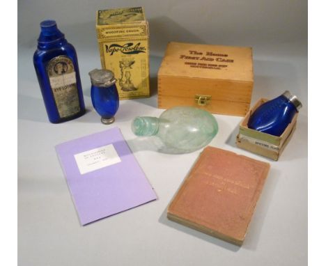 VINTAGE BOOTS FIRST AID BOX AND CONTENTS, VAPO-CRESOLINE VAPORIZER, TIMOTHY WHITE FEEDING BOTTLE, DR. DETWEILER'S TASCHENFLAS