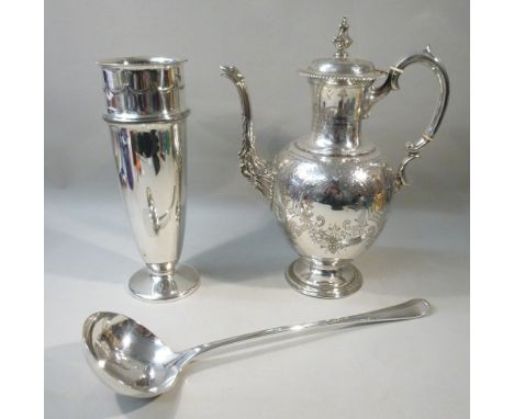 SILVER PLATE VASE AND LADLE BY WALKER HALL AND A SILVER PLATE COFFEE POT