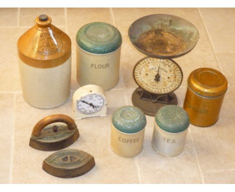 KITCHENALIA INCLUDING A VINTAGE METAL LARDER, DOULTON STONEWARE JAR INSCRIBED 'CROWLEY &amp; CO LTD, VICTORIA BREWERY, BASING