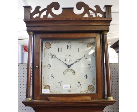 Early 19th century oak cased 30 hour longcase clock, W Marsh   Diss, the case with overhanging cornice and shaped pediment ov