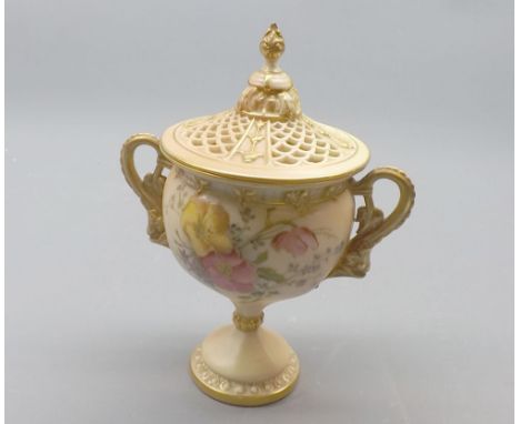 Royal Worcester blush double handled pot pourri vase decorated with sprays of flowers and gilt highlights, 7 “  high  