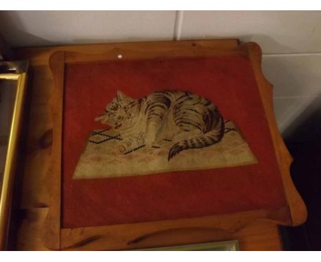 Victorian mahogany shaped edge framed picture of a cat laying in a carpet, 17  x 15  