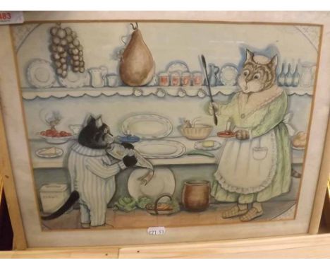 AFTER LOUIS WAIN, two watercolours, comical cat studies, 11  x 14  (2)  