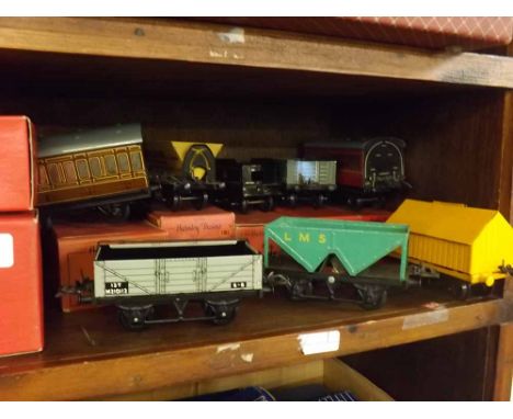 Quantity of Hornby trains  O  gauge tinplate railway carriages to include a No 1 Goods van, a cement wagon (boxed), a No 1 pa