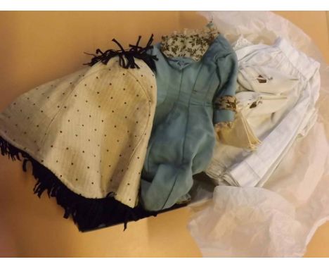 Shoe Box: Victorian dolls clothing to include turquoise dress with buttoned front and attached hood, further polka dot cloak 