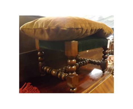 Small 19th century fruitwood turned stool, with a bobbin H-stretcher and a green velvet-upholstered top, approx 11  x 9  