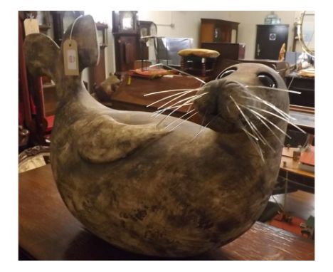 Large pottery model of a seal, with glazed eyes, by Sarah Cox, 25  wide x 18  tall 