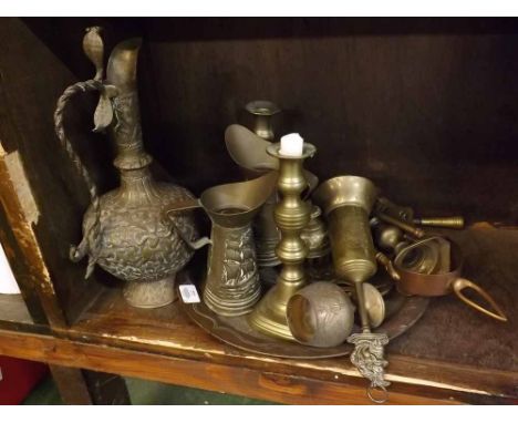 Mixed Lot: various brass wares to include assorted jugs, candlesticks, tray, fire tools etc 