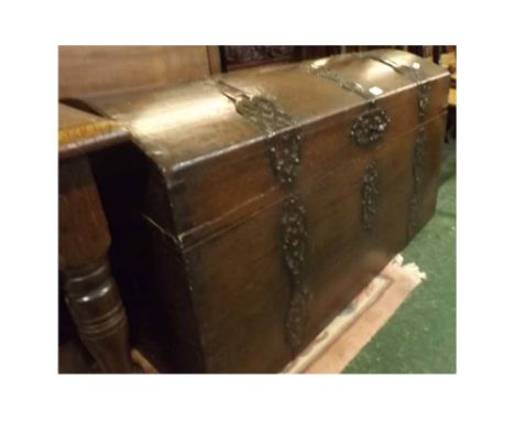 18th century dome top trunk, with decorative metal strapwork, with button hinges and heavy side handles, 41  x 20  