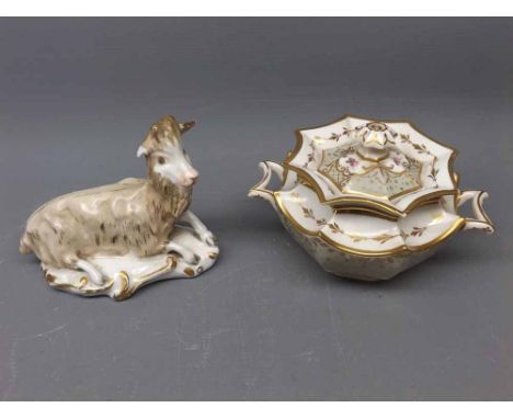 19th century reclining model of a goat (ear chip), possibly Derby, together with further Davenport two-handled covered dish (