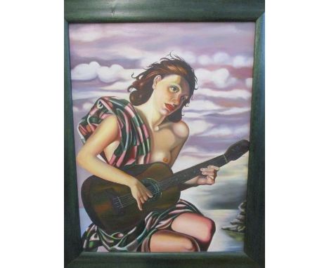 A canvas picture depicting a woman playing a guitar 22" x 31" 