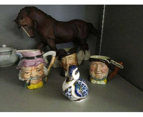 A Beswick model of a horse, a small Royal Doulton character jug, and two others by different makers, and a small Royal Doulto