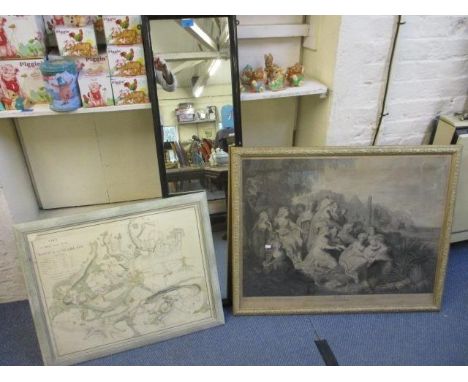 A copy of a Military Survey of the Town of Marlow, framed, a 1789 engraving by J K Sherwin entitled 'The Finding of Moses' an