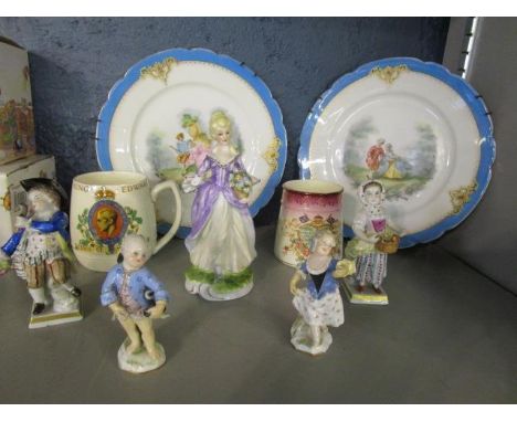 A pair of 19th century Meissen porcelain figurine (restored), a pair of Sitzendorf figures and one other, two French porcelai