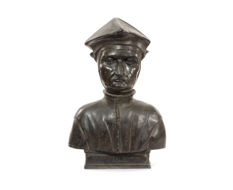 A 19th century lead bust of Galeoctus LazzarinusIn Renaissance style Venetian hat and cloak, the integral plinth signed GALEO