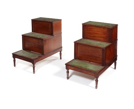 A pair of Regency mahogany bedsteps/commodes attributed to GillowsInlaid with boxwood and ebonised lines, with tooled green a