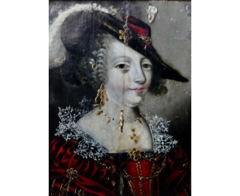 French (18th century)Portrait of a lady in a red dress wearing a feathered hatInscribed to the reverse 'Madame d'Estrées'Oil 